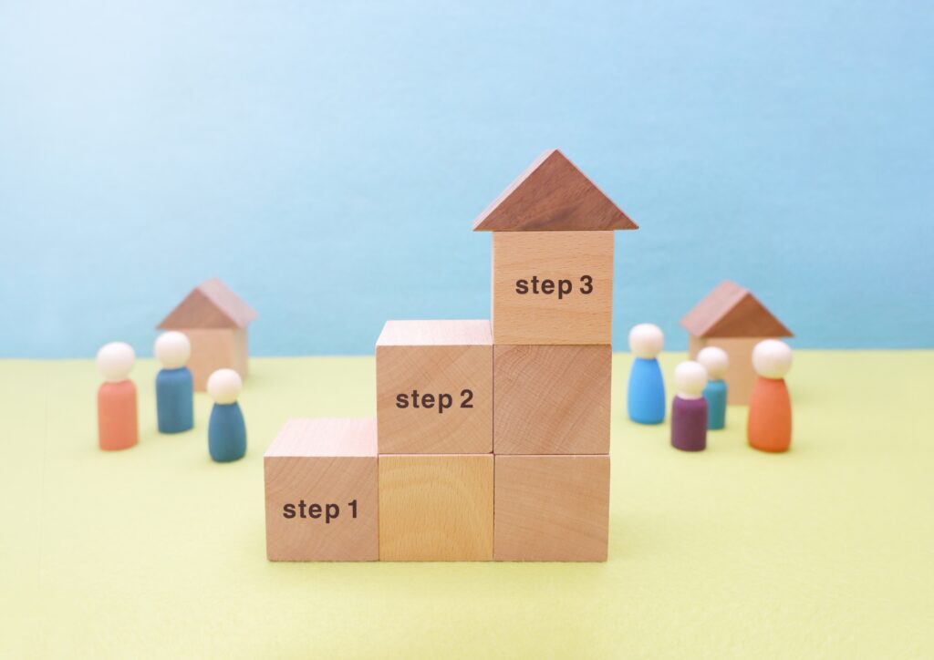 Progress stairs made of wooden blocks labeled step 1 to step 3 with a small roof on top, set in a colorful scene with little figures in the background.