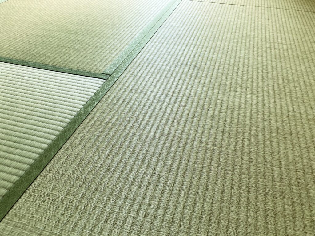 Close-up of woven tatami mats with green fabric borders
